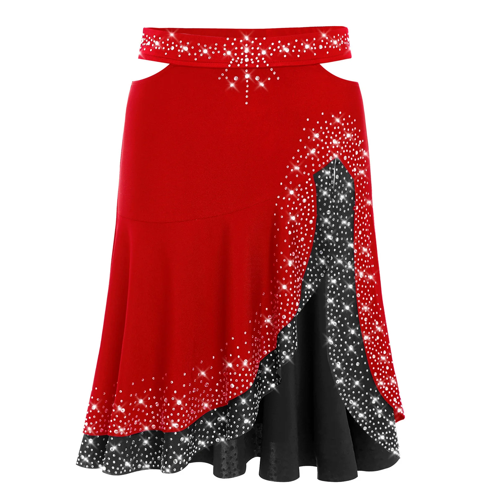 Jazz Latin Dance Skirt Womens Shinny Rhinestones Color Contrast Sides Cut Ruffled Skirt for Stage Performance Dance Competitions