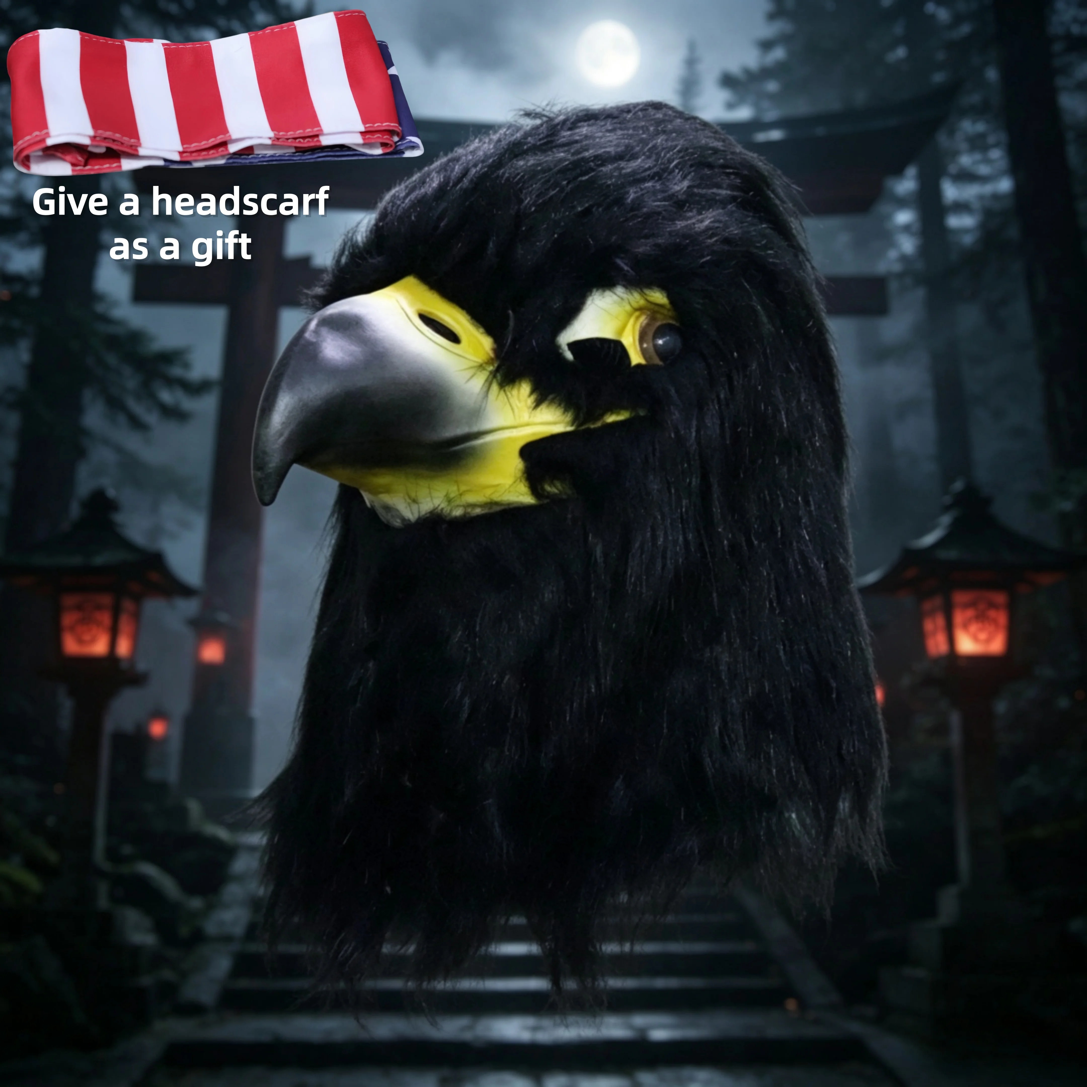 Eagle Latex Full Head Mask With Black Fur, Bird Animal Cosplay Headgear for Halloween Masquerade Party, Haunted House Role Play Costume Props