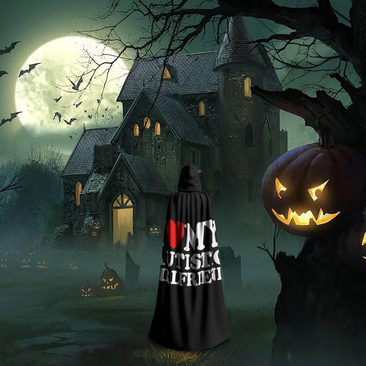 I Love My Autistic Girlfriend I Heart My Autistic GF Long Hooded Cloak Witch Medieval Costume Cosplay Cape HalloweenCoat - view 6
