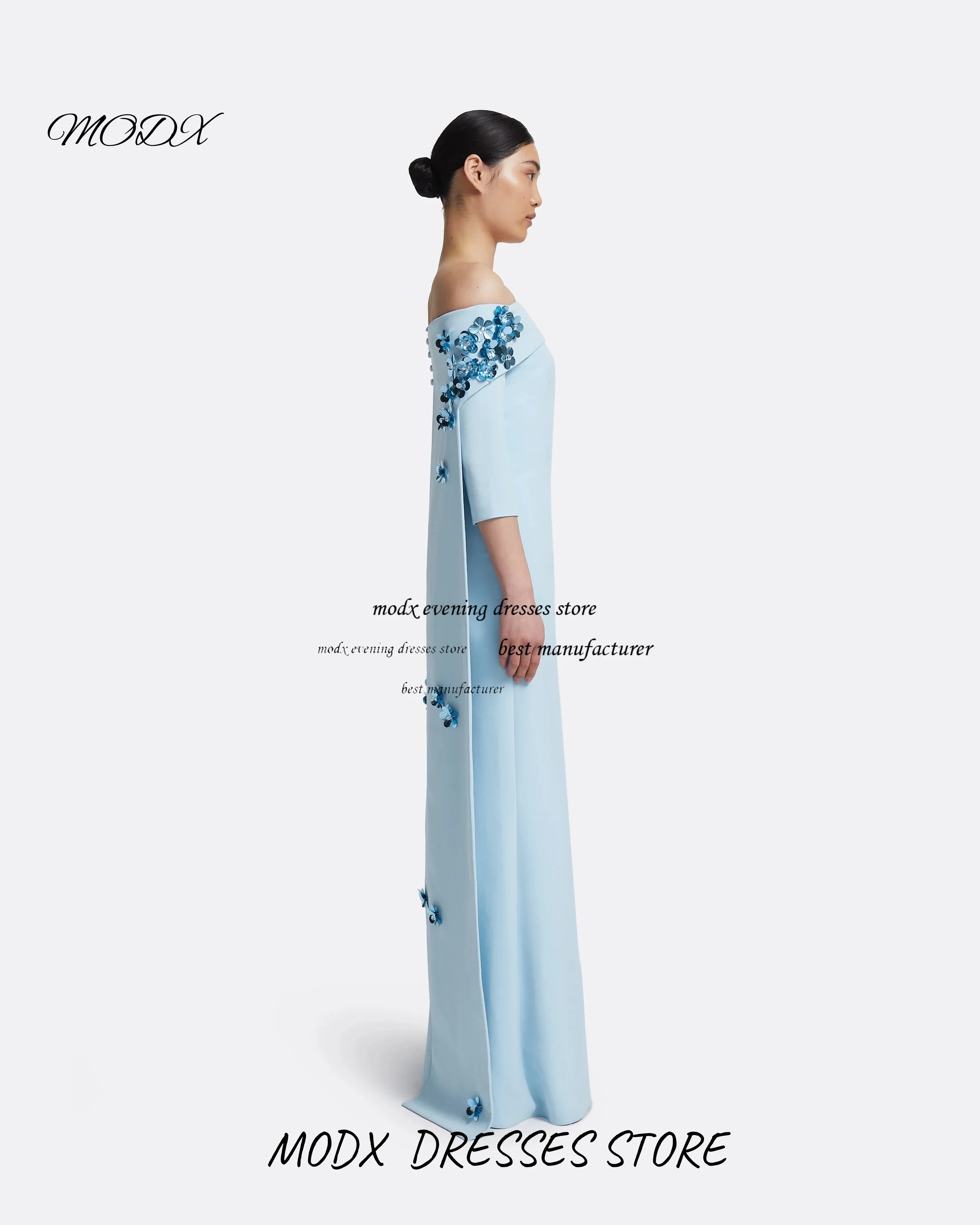 MODX Maßgeschneidertes Saudi-Arabien-Meerjungfrau-Abschlussballkleid aus blauem Satin mit langen Ärmeln und Perlenverzierungen, bodenlanges Partykleid für formelle Anlässe