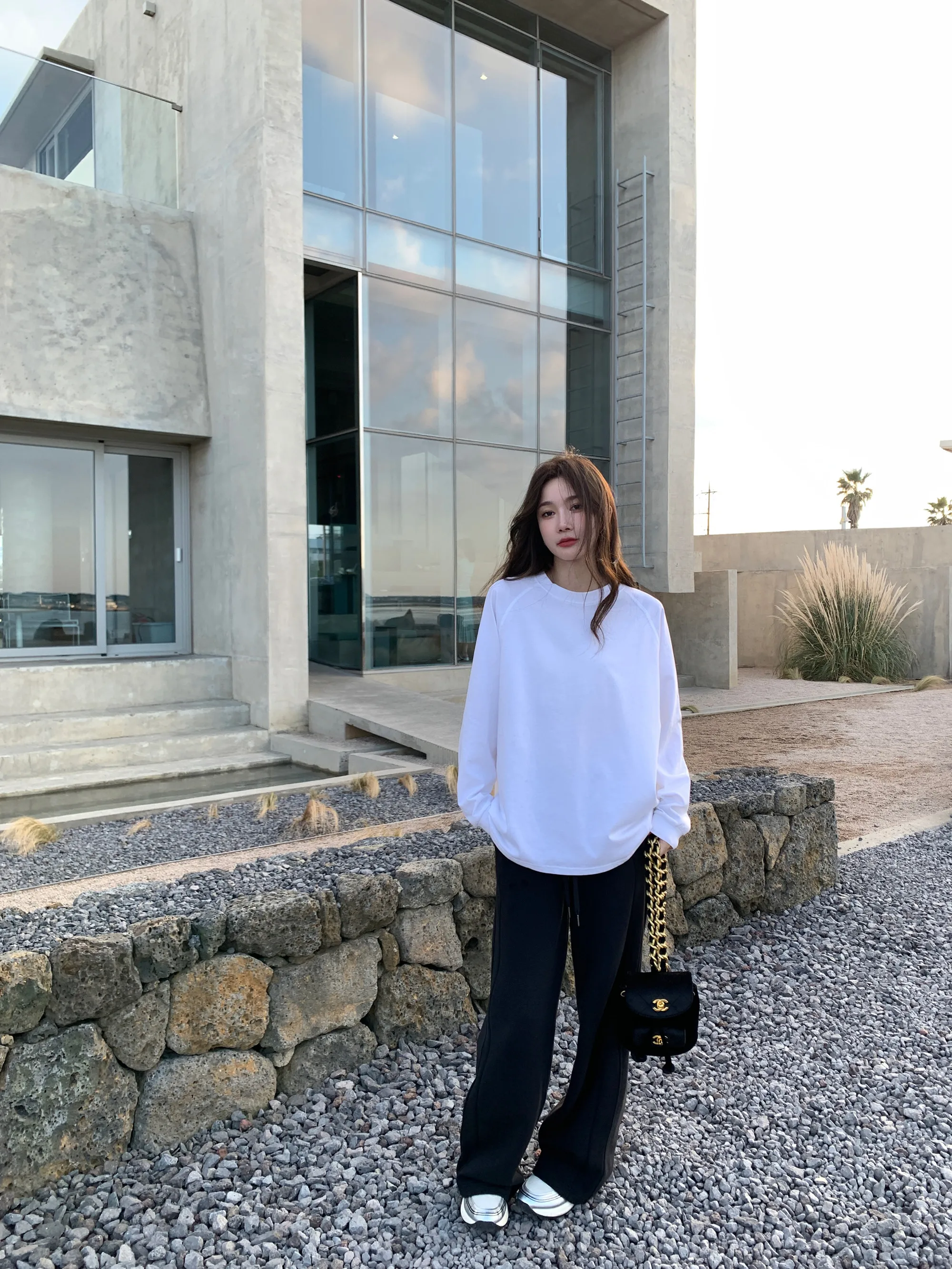 

Женская футболка Long Sve Stevens, свободная внутренняя одежда, базовый слой, белая, весенне-осенняя универсальная повседневная хлопковая футболка