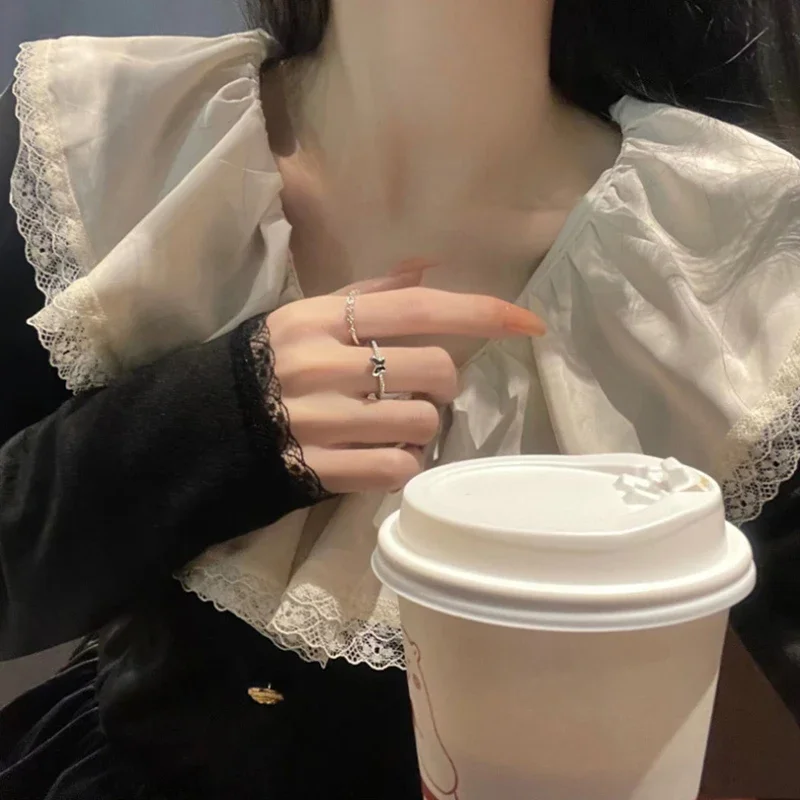 2PCS Shiny Crystal Butterfly Zircon Rings For Women Girls Korean Style Minimalist Wedding Finger Ring Silver Color Ring Jewelry