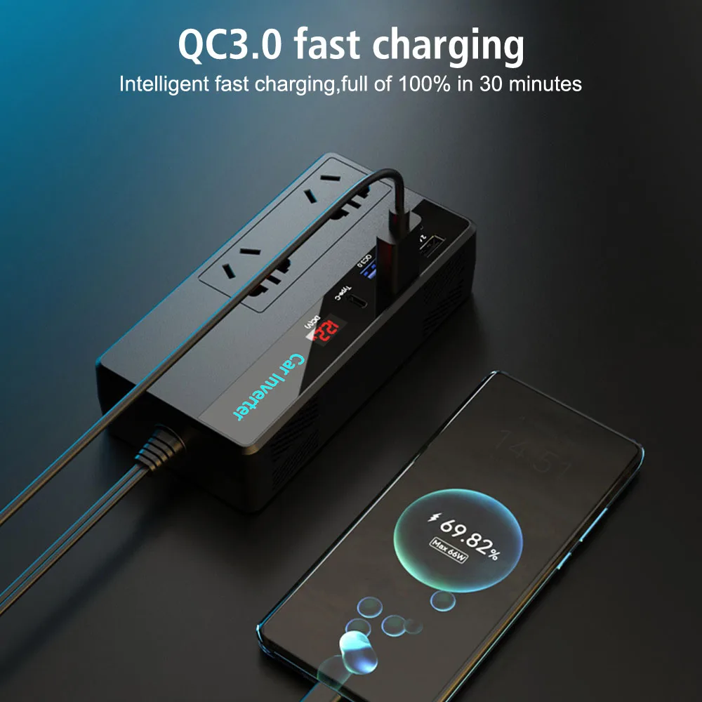 200W Car Inverter 12/24V Car Converter Type-C USB QC3.0 Charger Fast Charging Transformer Convert For Vehicles 110/220V