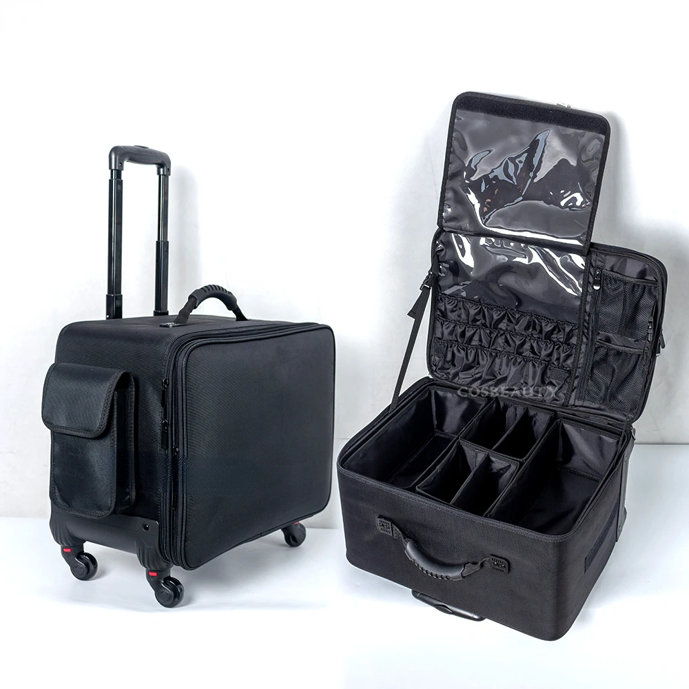 Portable rolling nylon makeup storage trolley cosmetic case with adjustable partition tray and storage bag