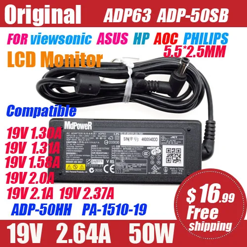 19V 2.64A ADP-50SB para monitor LCD Philips ASUS HP AOC VIEWSONIC, adaptador de CA, fuente de alimentación 19V 1.31A 1.84A 1.58A 2.0A 2.1A 2.37A