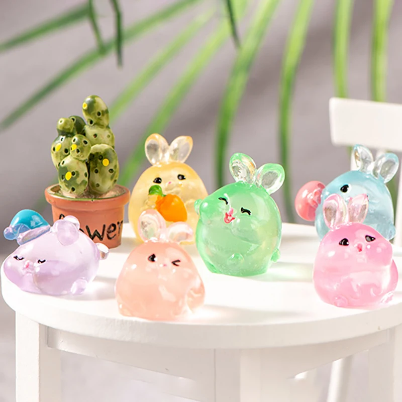 Kawaii Luminous Mini Resin Rabbit Ornament Cartoon Bunny Miniatures Figurines Micro Landscape DIY Home Decoration Accessories