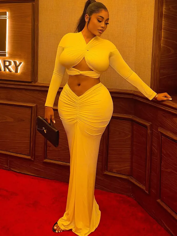 

Articat Элегантный комплект с длинными рукавами и ажурной юбкой, женский облегающий топ, однотонный комплект из двух предметов с v-образным вырезом, женское вечернее платье