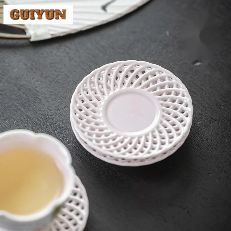 2pc/lot Elegant Powder Pink Ceramic Coasters Ancient for Coffee Cups Anti-scald Placemats Oolong Tea Chinese Tea Set Ornaments