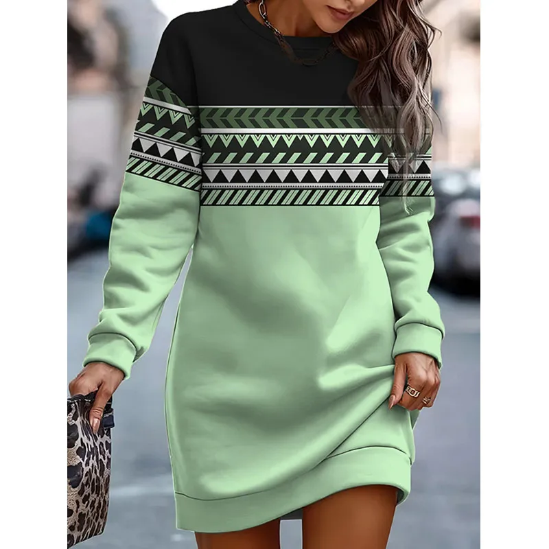 2023 Autumn and Winter Women\'s New Fashion Casual Loose Fit Comfortable Versatile Printed Contrast Round Neck Sweater Dress