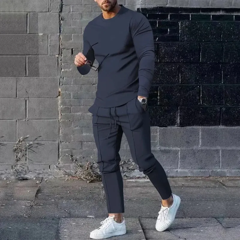 Solid Color Men Suit Long Sleeve T-shirt Long Pants 2 Pieces Set Tracksuit Casual Male Streetwear Oversize Clothing Sweatshirt