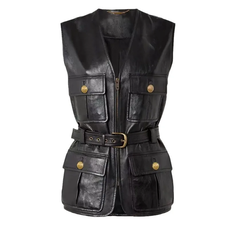 Genuine Leather Jacket Waistcoat 2024 Autumn New Goat Oil Wax Leather Women Black V-neck Zipper With Belt Vest Jacket Tops