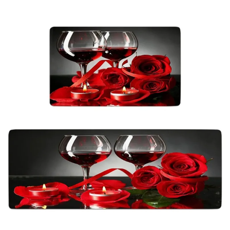 Wine Kitchen Rug Set Rectangular Runner Rug Red Rose Flower Area Rugs Doorway Bedroom Mat 2 Pieces