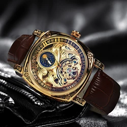 Retro Square Carved Mechanical Watches Moon Phase Tourbillon  Gold Automatic Watch for Men Casual Genuine Leather Belt AOKULASIC