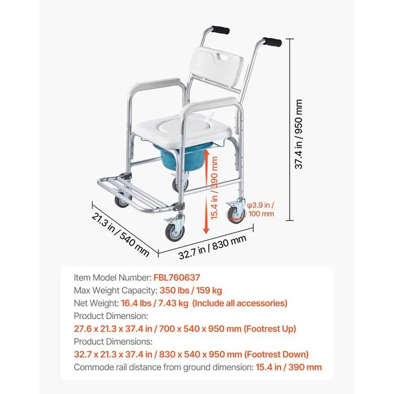 Chaise de toilette nocturne, capacité de charge de 159 kg, siège de toilette roulant avec assise, dossier et repose-pieds pliables rembourrés, seau amovible de 5 L, fauteuil de douche pour personnes âgées