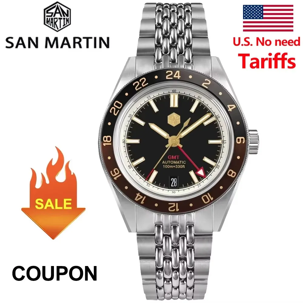 

San Martin SN0116 V4 мужские часы NH34 GMT двунаправленные часы с алюминиевым безелем автоматические механические сапфировые светящиеся водонепроницаемые часы