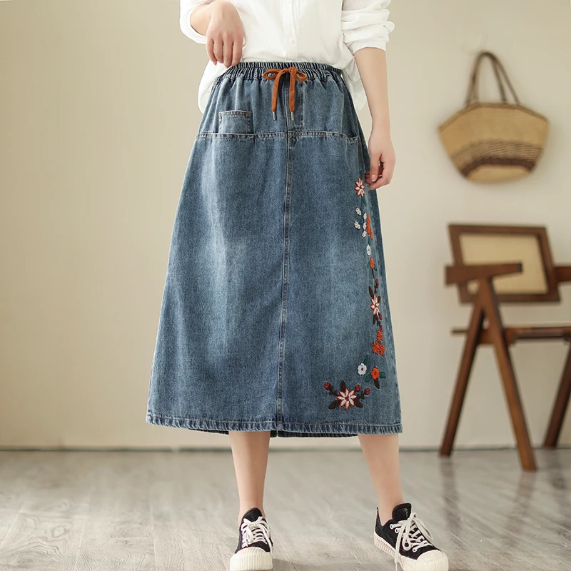 Autumn Elastic High Waist A-Line Drawstring Embroidery Patchwork Literary Vintage Fashion Casual Loose Elegant Split Women Skirt