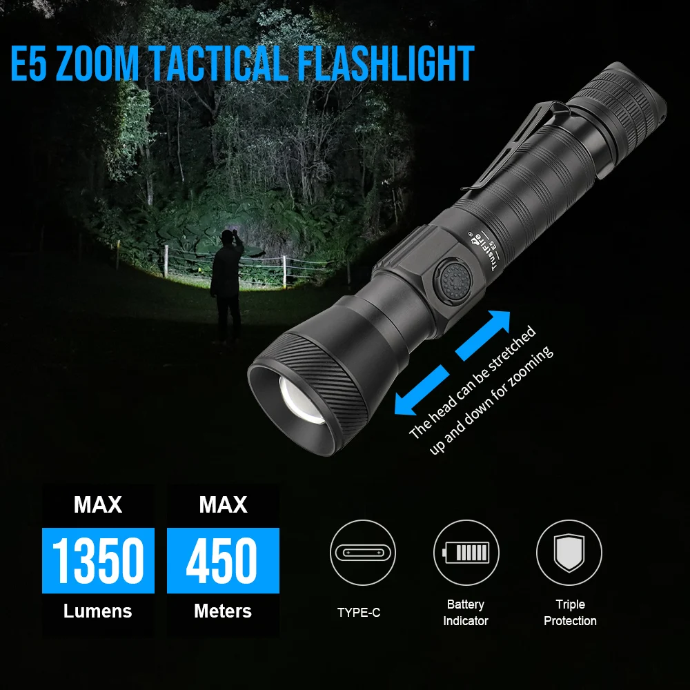 Trustfire E5 Zoomable LED Flashlight 1350LM 450M Army Tactical Lamp Powerful Usb Type C Charging Rechargeable 18650 Torch Lights