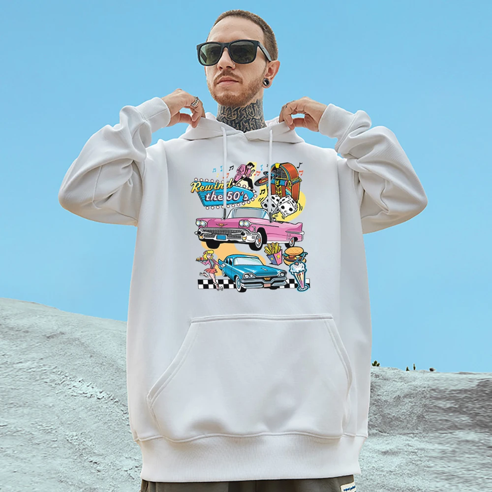 Rewind The 50's Automobile And Entertainment Mens Cotton Long Sleeves Fashion Vintage Pullovesr Fleece Trend Pocket Male Hoodies