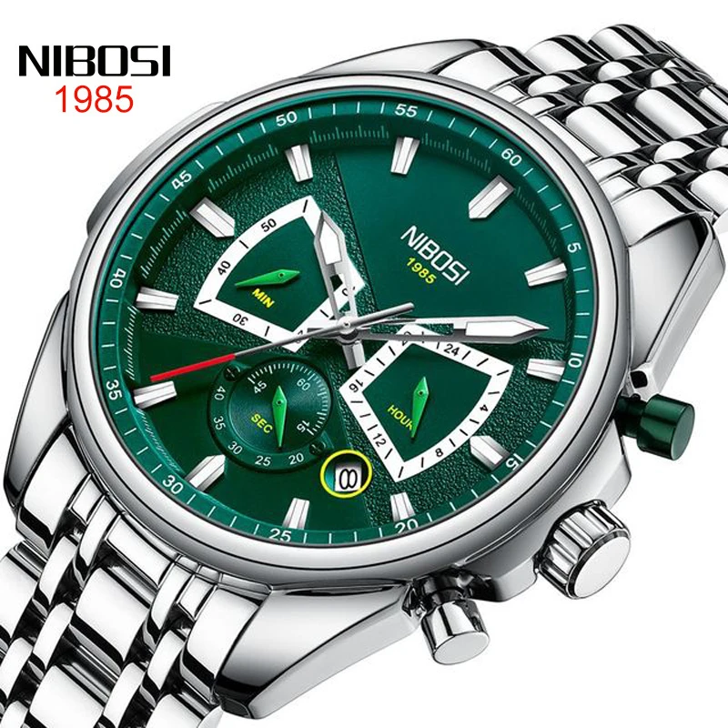 

NIBOSI Fashion Green Quartz Watch Stainless Steel Waterproof Business Mens Watches Top Brand Luxury Watches Relogio Masculino