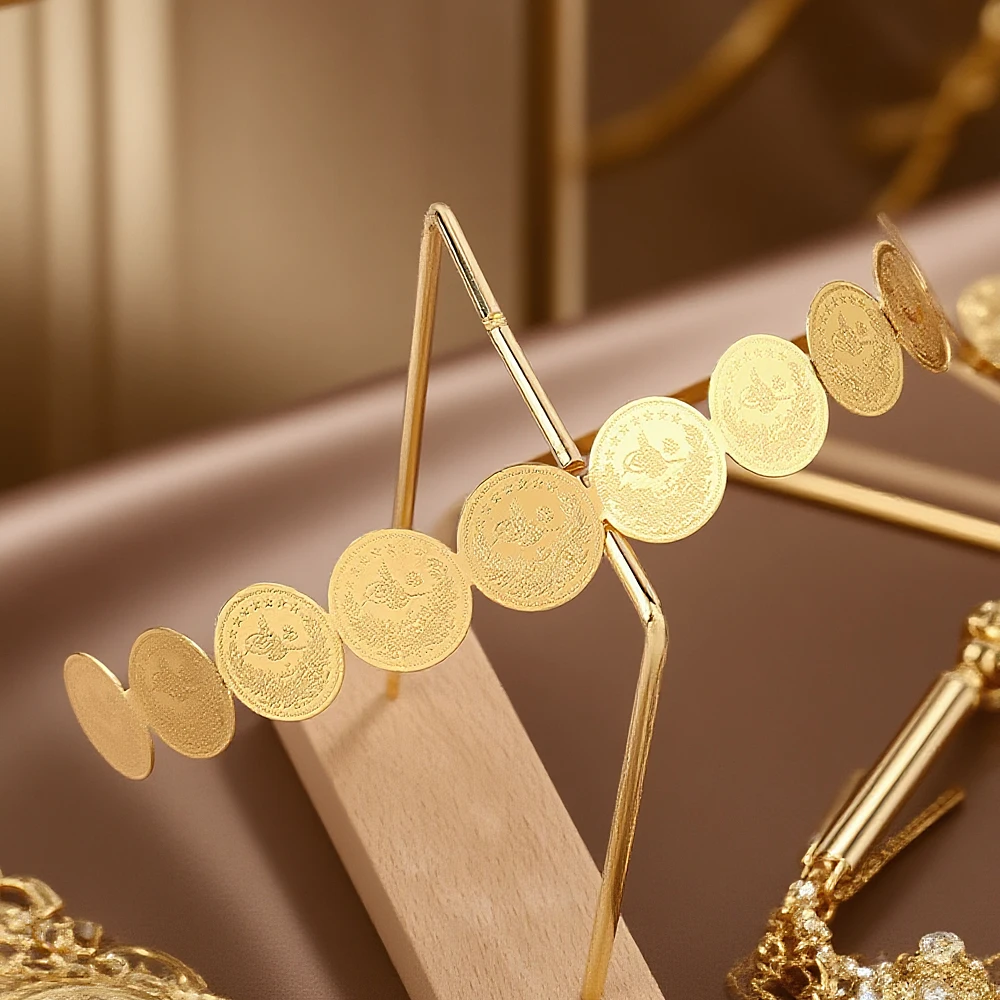 مشبك شعر مطلي بالذهب لحفل الزفاف ، Diademas الفقرة El Pelo العرقية ، أزياء الشرق الأوسط ، قطعة رأس عملة عربية ، ملابس شعر معدنية #2