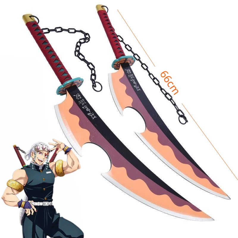 66cm Demon Slayer Katana Uzui Tengen Nichirin Blade Wood Jian Swords Weapon Knife with Chain Tanjirou Swords Cosplay Gifts Toys