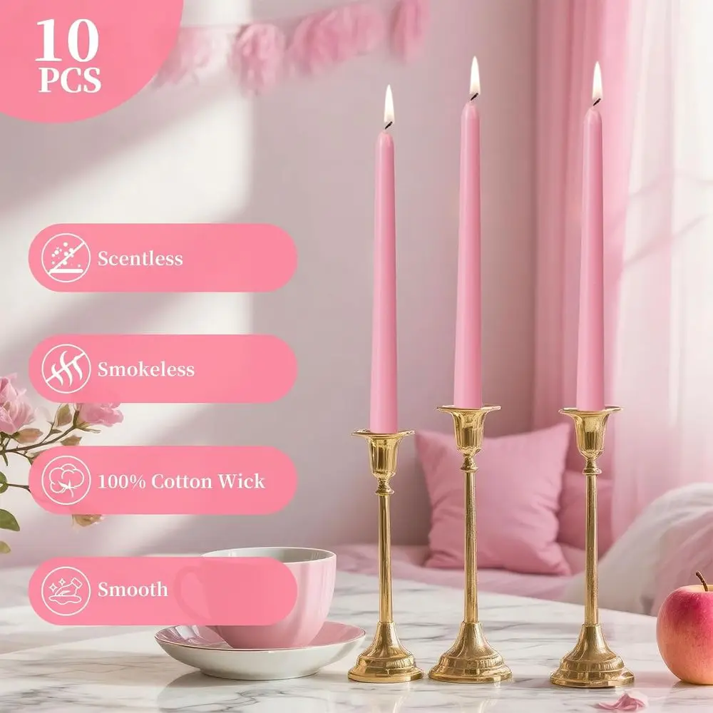 10-Pack 8.7 Inch Pink Unscented Taper Candles with Cotton Wicks for Weddings, Parties, and Home Decor
