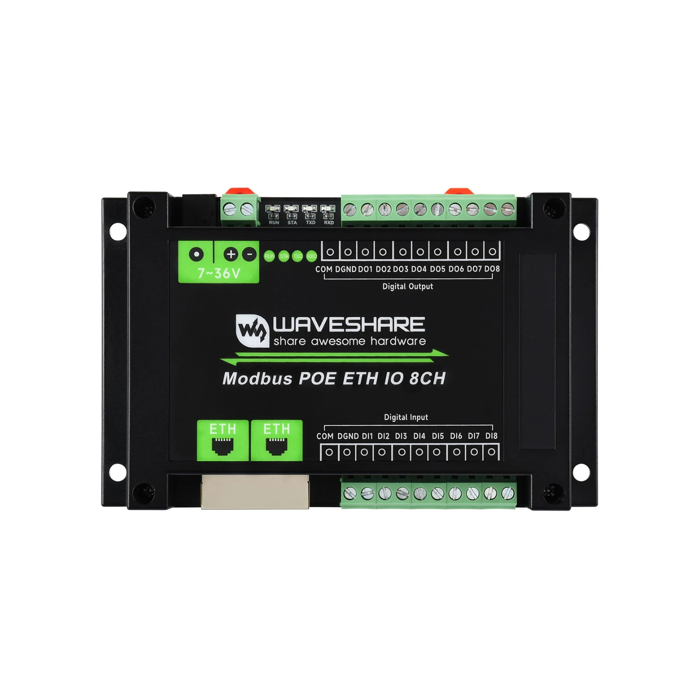 Waveshare Industrial 8-Ch Ethernet Digital Input/Output Module, Modbus RTU / TCP Protocol, Supports PoE Power Supply