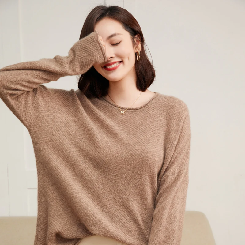 Rolled-Edge Round-Neck 100% Cashmere Knit Sweater For Women Long Sleeve Pineapple Pattern Loose Sweater Comfortable Base Shirt