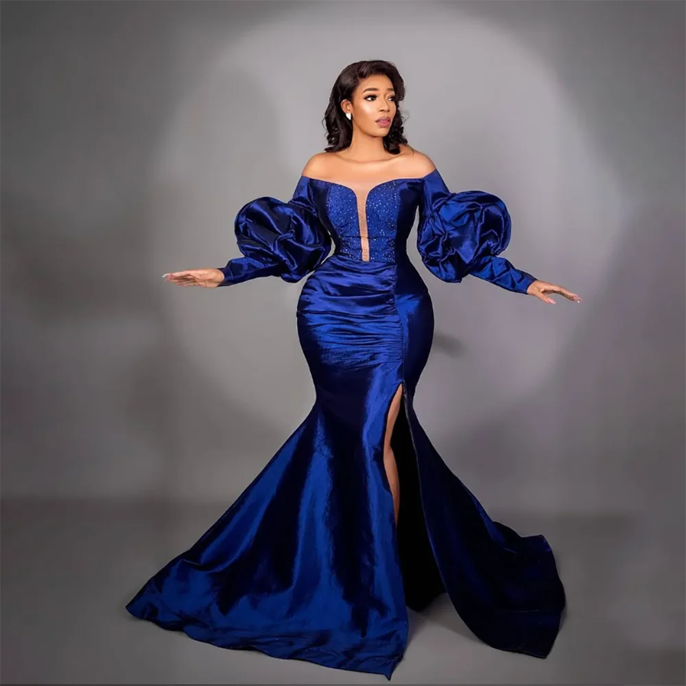 

Long Sleeves Blue Mermaid Evening Dresses Beaded Prom Dresses Taffeta Formal Party Second Reception Gowns Arabic Customized