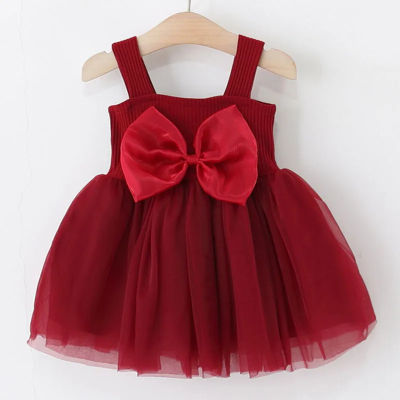 

Summer Kids Clothes Girls Korean Fashion Cute Big Bow Red Sleeveless Mesh Princess Birthday Toddler Dress Luxury Dresses B026