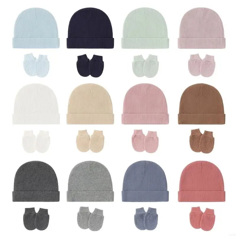 

L5YF Baby Supply Hats and Mittens Winter Cap Gloves No Scratch Set for Infant Toddler Unisex Cotton Nursery Hat
