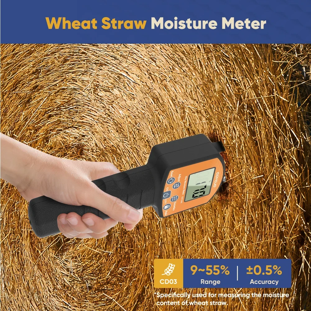Portable Forage Moisture Meter Digital Hay Straw Bale Tester Probe Grain Feed Moisture Detector Accurate Probe Temperature Detec