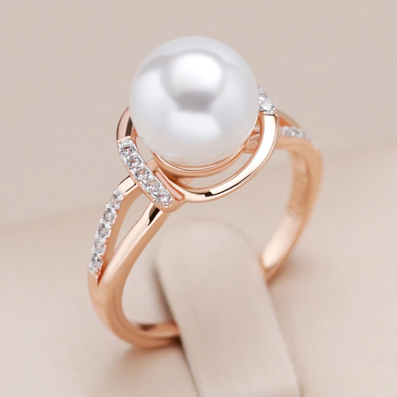 Kinel Hot Fashion Geometry Pearl Ring for Women 585 Rose Gold Silver Color Mix Natural Zircon Boho Ethnic Wedding Jewelry