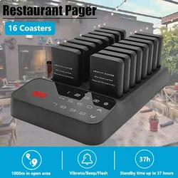 Drahtlose Restaurant-Pager, Rufsystem, 16 Untersetzer, Summer, Vibrator, Glockenempfänger für Food Truck, Bar, Kaffee, Fast-Food-Hotel