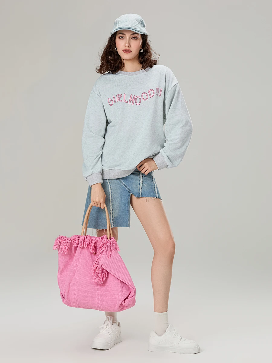 المرأة ربيع الخريف فضفاض البلوز طويلة الأكمام Crewneck رسالة زهرة القوس طباعة البلوز