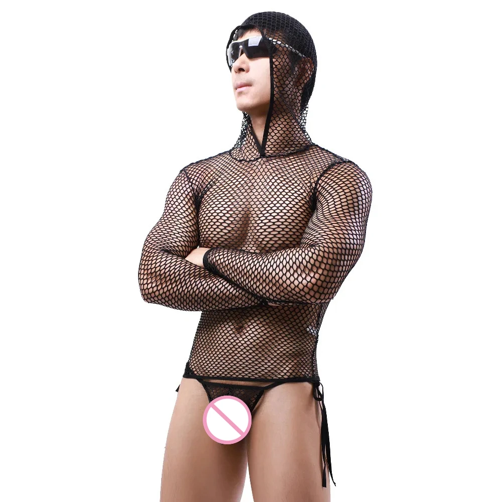 Mens Clothes Set Long Sleeve Transparent Mesh Fishnet Hooded T-shirts Tops With Lace-up Briefs Nightclub Hollow Out Underwear