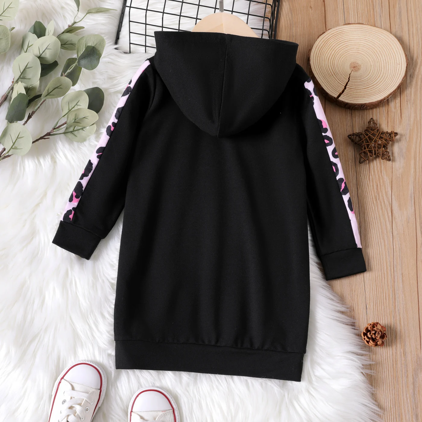 PatPat Toddler Girl Letter Leopard Print Black Long-sleeve Hooded Sweatshirt Dress