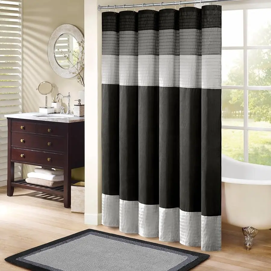 

Amherst Bathroom Shower Curtain Faux Silk Pieced Striped Modern Microfiber Bath Curtains, 72x72 Inches, Black