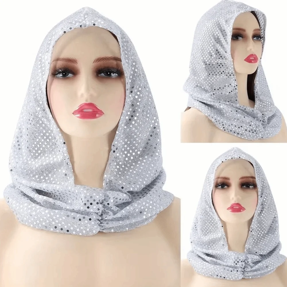 New Breathable Sequin Hooded Headscarf Lightweight Scarf Glitter Turbante Solid Color Polyester Hijab Spring Summer