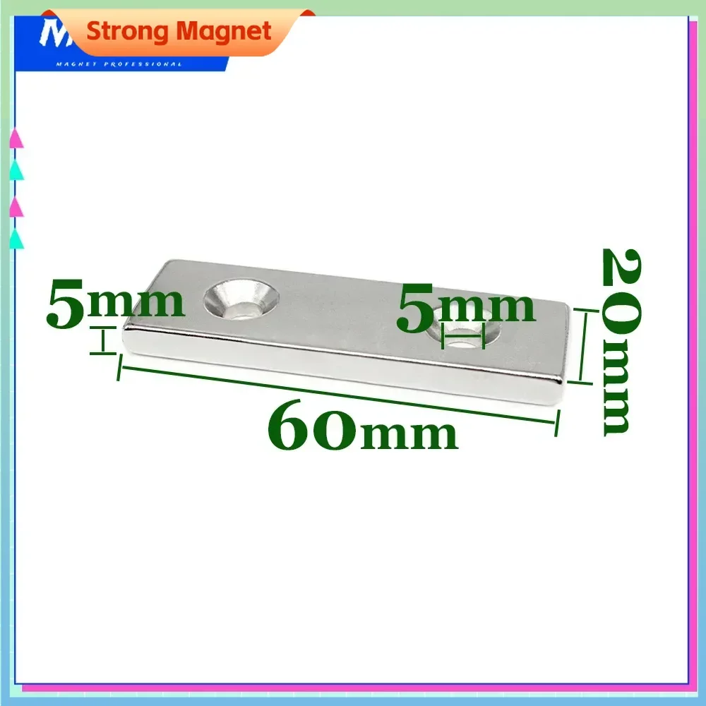 

60*20*5-5mm Long Sheet Super Powerful Strong Magnets Holes 5mm N35 Block Rare Earth Neodymium Magnet 60x20x5-5mm