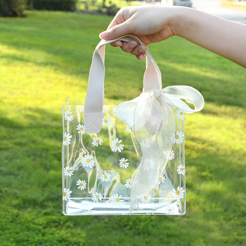 

Little Daisy Gift Bags Transparent PVC Storage Shopping Bags with Handle Wedding Birthday Party Favors Candy Cake Wrapping Bag