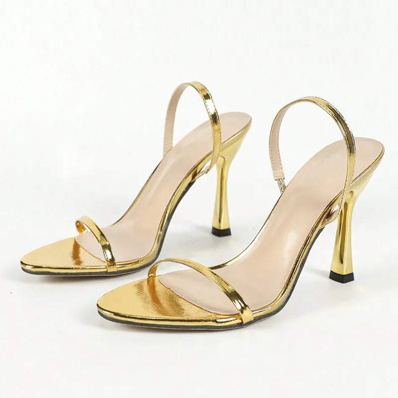 Women's high-heeled shoes with golden PU leather double-layer UV electroplating and fine high heels for summer sandals
