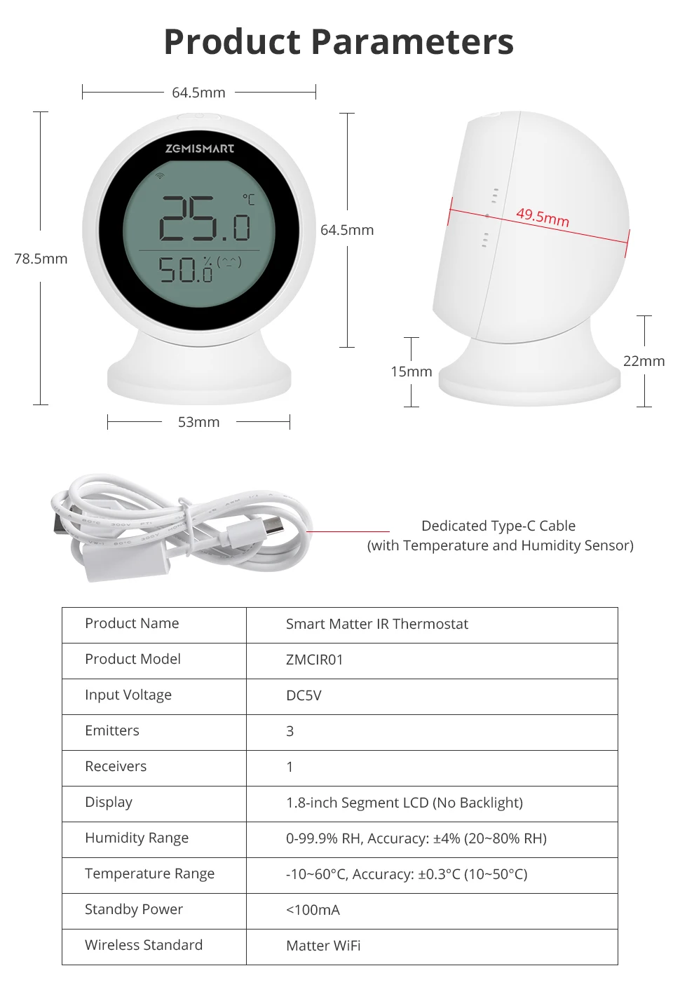 Zemismart Matter WiFi IR-Thermostat mit LCD-Bildschirm T&H-Sensor Intelligente Infrarot-Fernbedienung für Klimaanlagen Unterstützt Tuya Share to Homekit – Detail 14