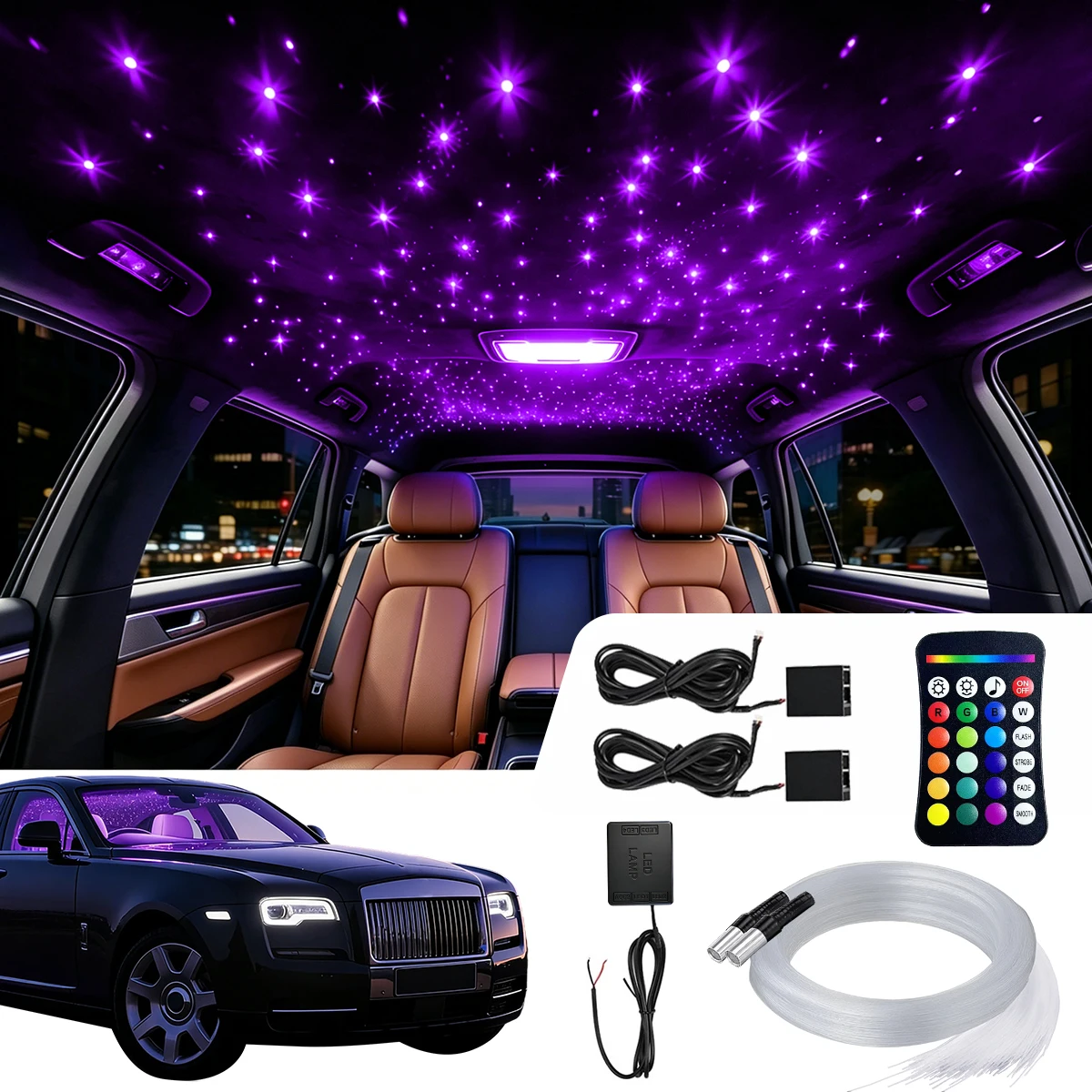 VASTFIRE Kit cielo stellato RGBW 5W separato, attivazione sonora, fibre ottiche 0,5mm/0,75mm 1m/1,5m/2m, APP e telecomando, facile da nascondere, cabl