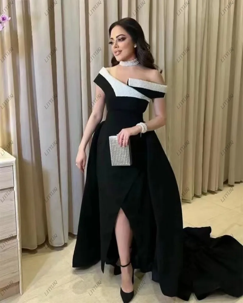 

LIYYLHQ Saudi Arabia Slits Prom Gowns Women's Black White Beaded Party Evening Gown Floor Length Ball Gown Formal Occasion Dress