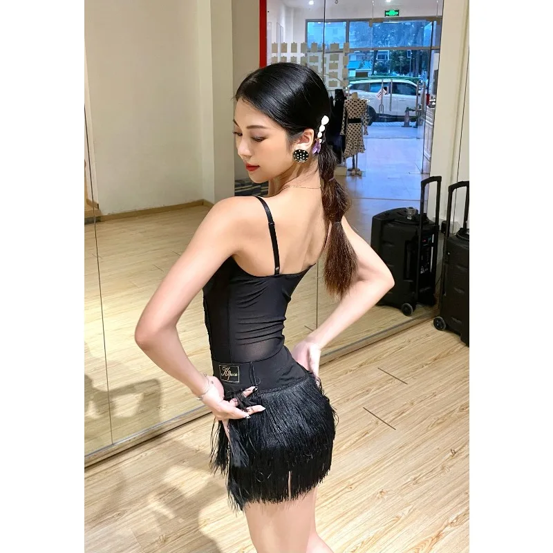 Customized Latin Dance Dress Practice Outfit Teaching Black Top Basic Style Tassel Skirt Set