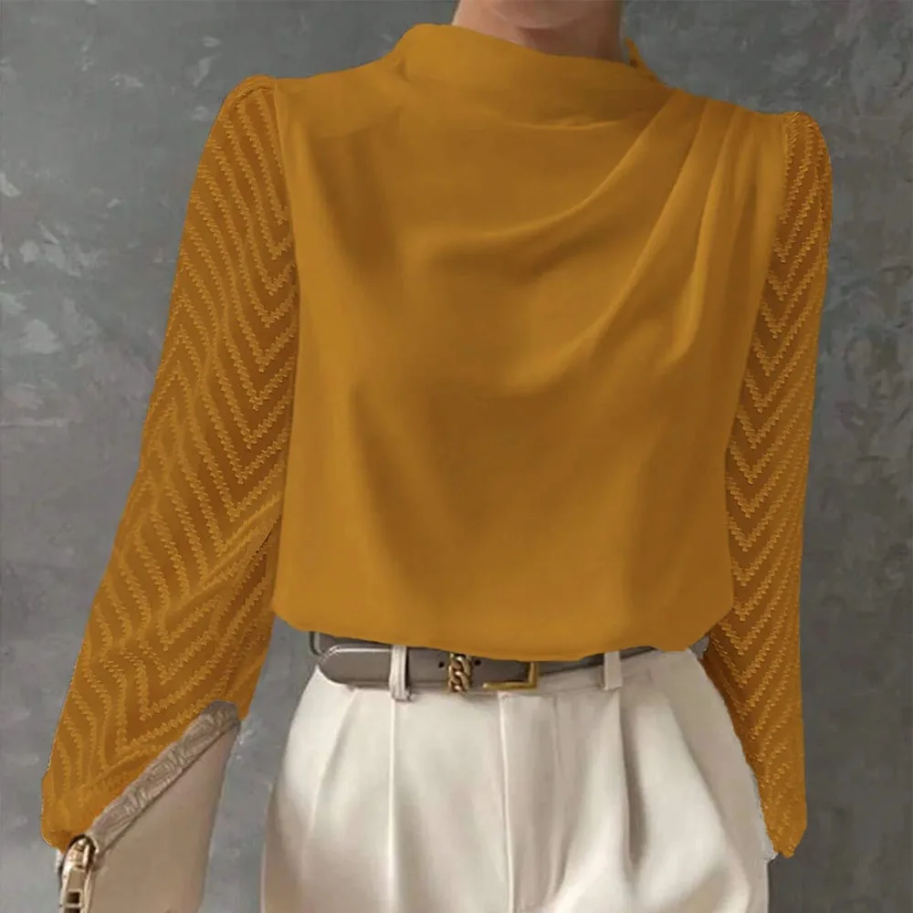 Dames Shirt Mode Wit Chiffon Blouse Lente Herfst Kant Lange Mouw Vouwen Losse Zwarte Tops Kantoor Elegante Kleding