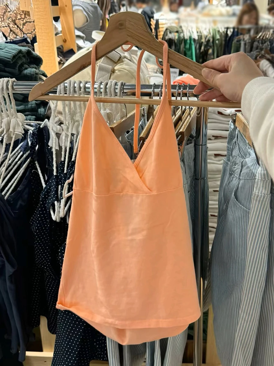 Orange Halter Tank Tops Women Simple Cross V-neck Cotton Slim Strapless Crop Tops Sweet Cute Preppy Style Backless Camisole Y2K view 3