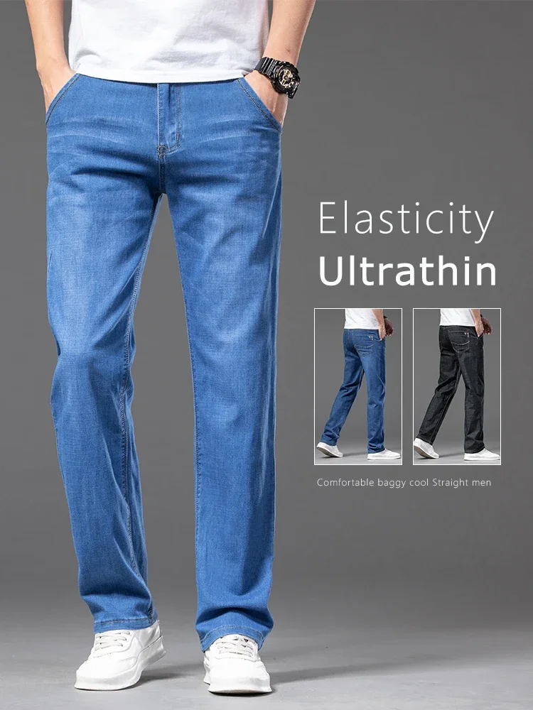 Plus size 28-46 Summer Thin Mens Straight Jeans Classic Black Blue Stretch Casual Business Baggy Denim Pants Male Brand Trousers