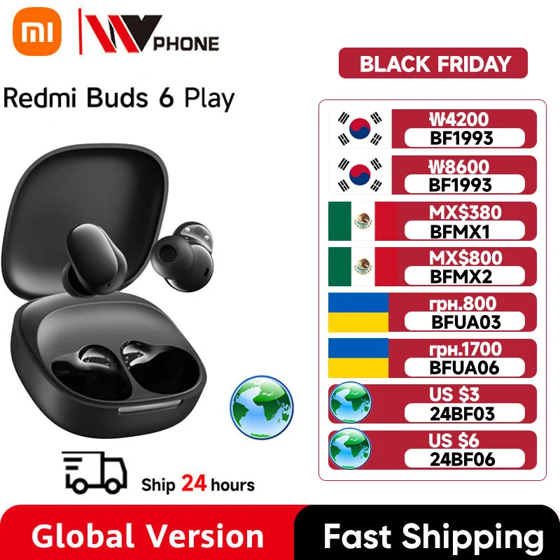 글로벌 버전 샤오미 레드미 버즈 6 플레이 이어폰, 10mm 다이내믹 드라이버, AI 소음 제거, 통화 블루투스 5.4, TWS 헤드폰